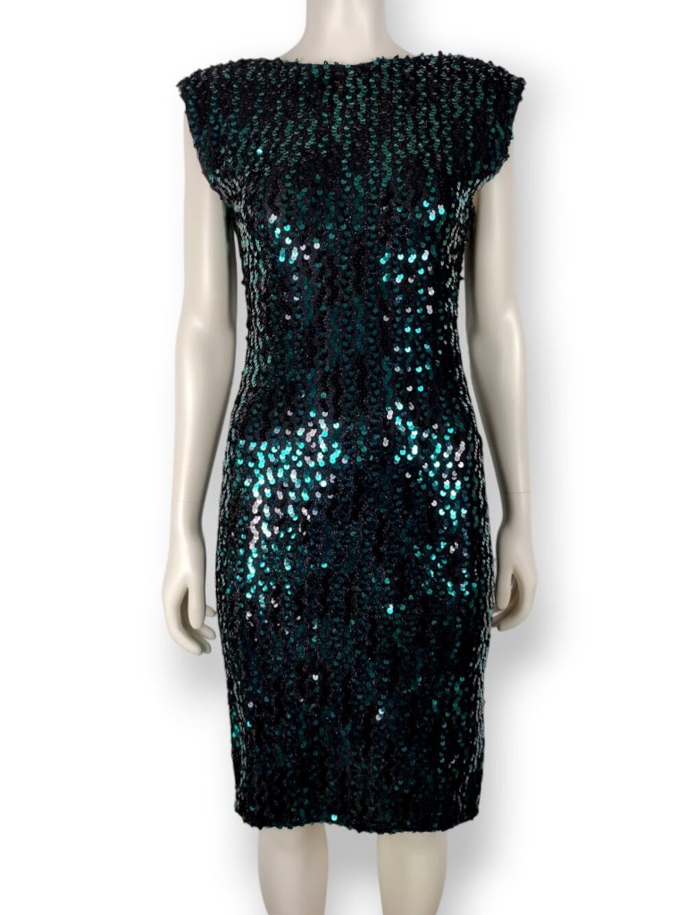 Vintage 1990s Glenrob Green Sequined Low Cut Back Sheath Party Dress Size XS